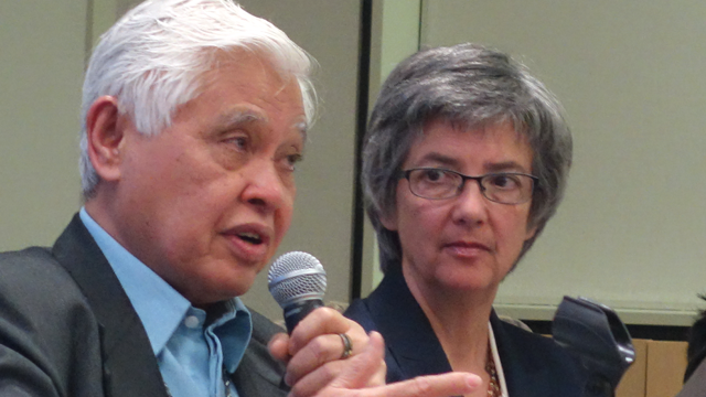 Retired Bishop Daniel C. Arichea Jr. describes his personal journey during an online dialogue on human sexuality, held April 29 by the United Methodist Connectional Table. Bishop Hope Morgan Ward listens.