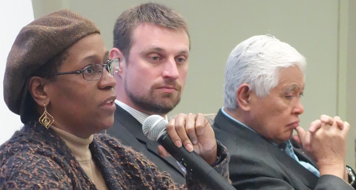 The Rev. Pamela Lightsey, associate dean for community life and lifelong learning at Boston University School of Theology, shares her views during the April 29 online dialogue on human sexuality, held by the Connectional Table in Chicago. The Rev. Mark Teasdale (center) and retired Bishop Daniel C. Arichea Jr. round out the three-person panel.