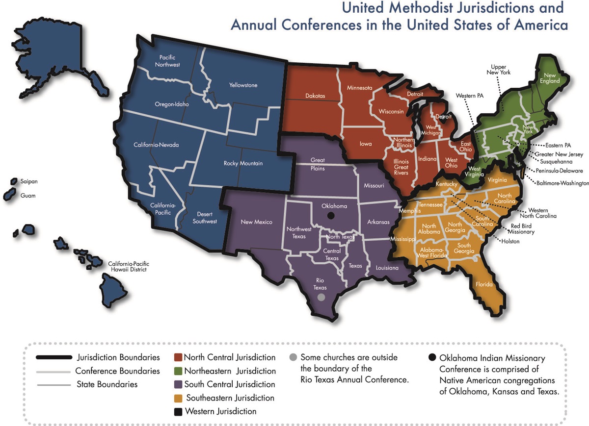 Map highlighting the United Methodist jurisdictions and annual conferences in the United States of America. Photo courtesy of United Methodist Communications