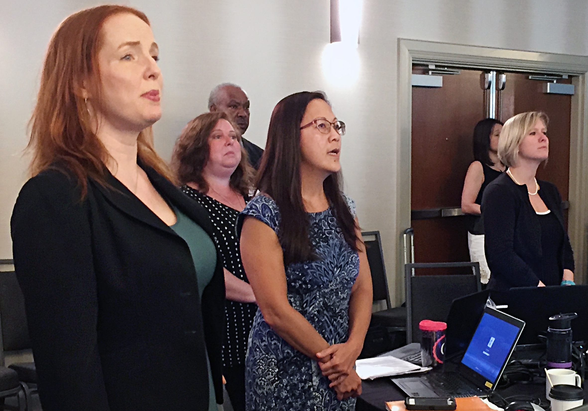 General Council on Finance and Administration staff members join in worship Aug. 18 during the GCFA board meeting in Nashville, Tenn. Photo by Heather Hahn, UMNS.