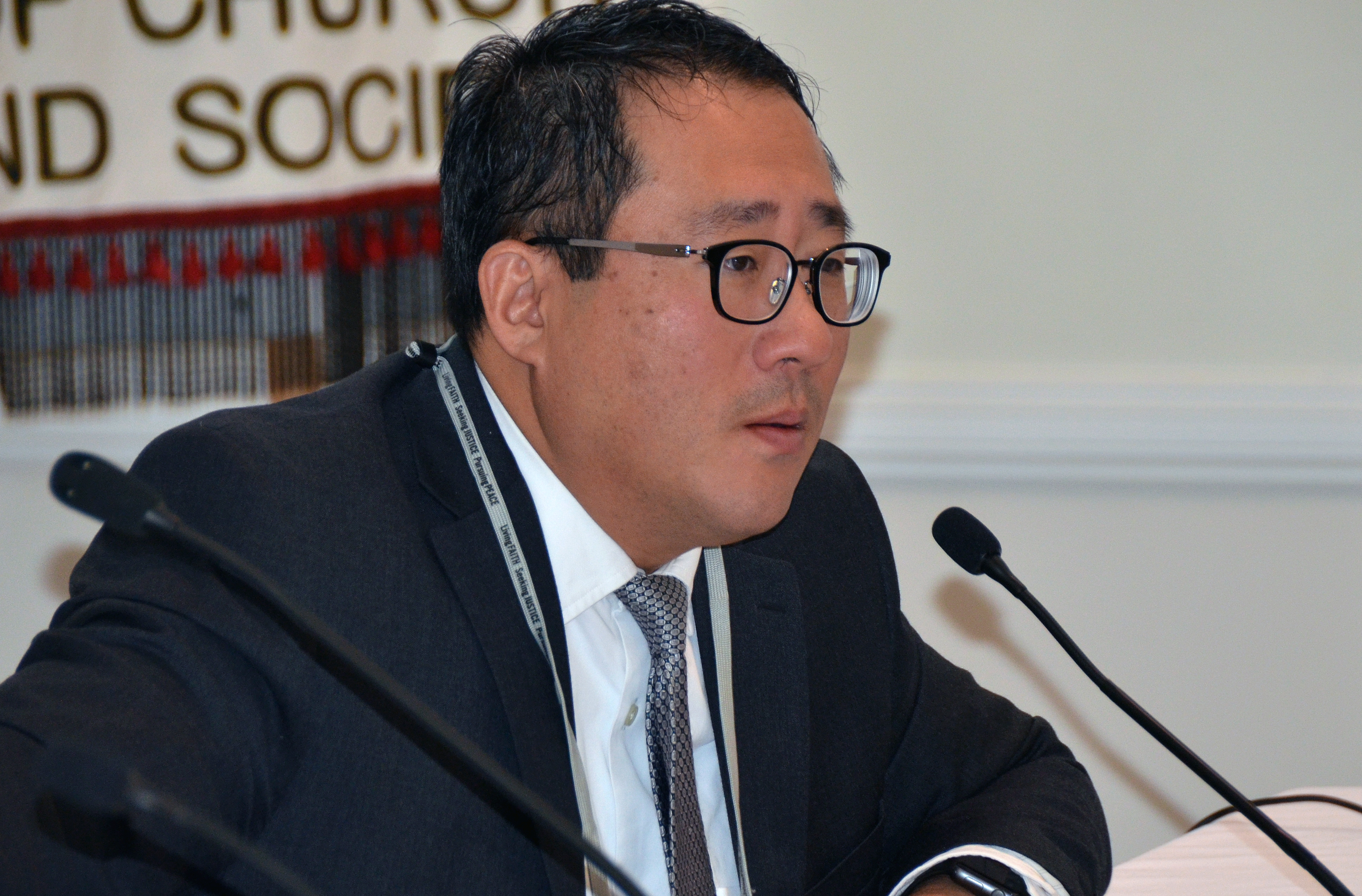 Jae H. Ku, director of the US-Korea Institute at Johns Hopkins University, speaks during the “Peace on the Korean Peninsula” seminar  in Washington. More than 60 people came together Nov. 13-15 to learn about the situation from policy experts and to engage their lawmakers on Capitol Hill. Photo by Erik Alsgaard, the Baltimore-Washington Conference.