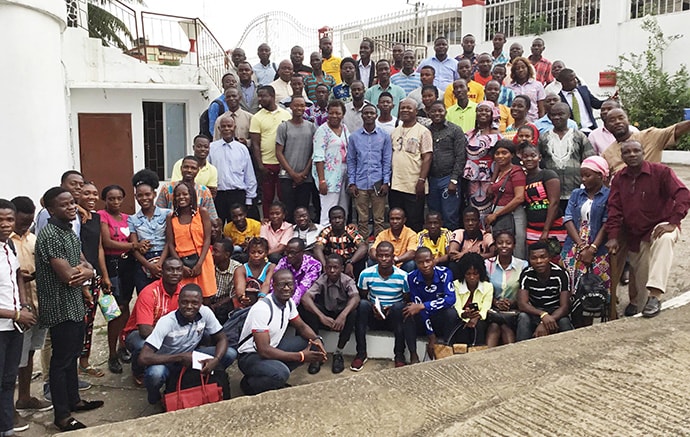 Some participants of the Next Generation Forum gather for a group photo in front of S.T. Nagbe United Methodist Church in Monrovia, Liberia. Similar events are planned in the 20 districts and one circuit of the Liberia Conference. Photo by E Julu Swen, UM News.