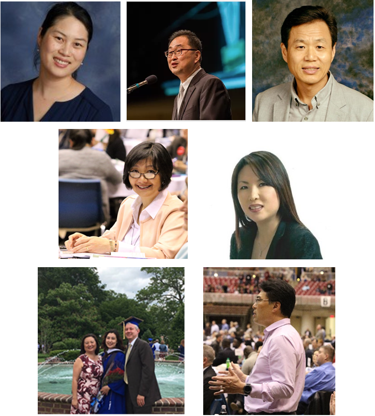 사진 설명, 윗줄 왼편부터, 그레이스 한 목사(트리니티연합감리교회 제공), 홍성국 목사(프렛빌한인교회 제공), 한덕희 목사(한덕희 목사 제공), 둘째줄 왼편부터 이인용 목사(2019년 특별총회에서. 사진 김응선 목사), 제니퍼 조 목사(브릿지워터연합감리교회 제공), 마지막 줄 아맨다 보넷-김(사진 가운데), 도널드 김 장로(2019년 특별총회에서. 사진 김응선 목사)