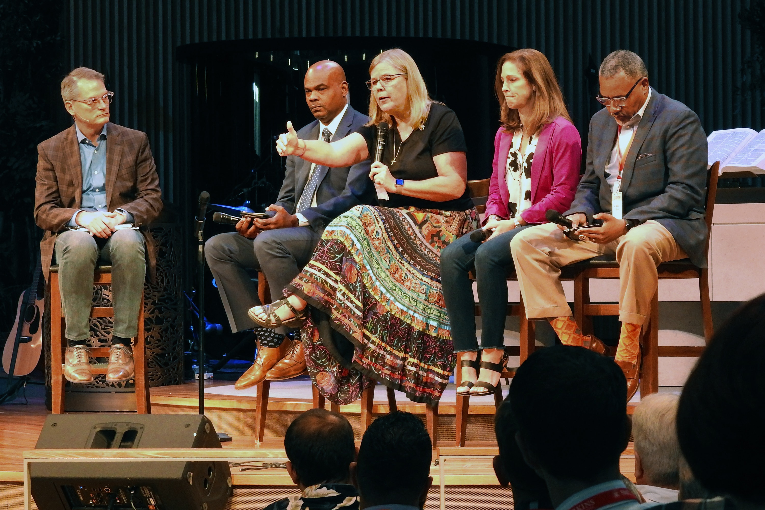 Pat Luna speaks during a panel discussion at the Leadership Institute, held at the United Methodist Church of the Resurrection in Leawood, Kansas, Sept. 25-27. She was joined by the Revs. Adam Hamilton, Junius B. Dotson, Ginger Gaines-Cirelli and Michael Bowie. This year’s event focused on preserving, but reforming The United Methodist Church.  Photo by Sam Hodges, UM News.