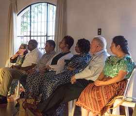 United Methodist bishops and members of the Evangelica Nacional Metodista Primitiva de Guatemala church listen to an overview of Guatemala and Methodism at Santo Tomas Hotel in Chichicastenango, Guatemala. Photo by Kathy L. Gilbert, UMNS.