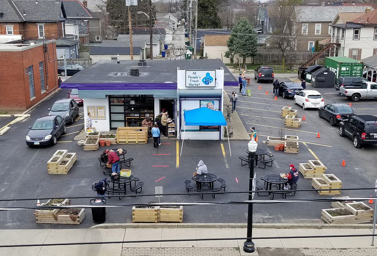 The United Methodist Church for All People in Columbus, Ohio, has adapted its food ministry during the COVID-19 outbreak. People used to be able to enter the All People’s Fresh Market and get their own goods, but now they’re asked to drive up and volunteers will bring food boxes to their cars. Photo courtesy of the Church for All People.