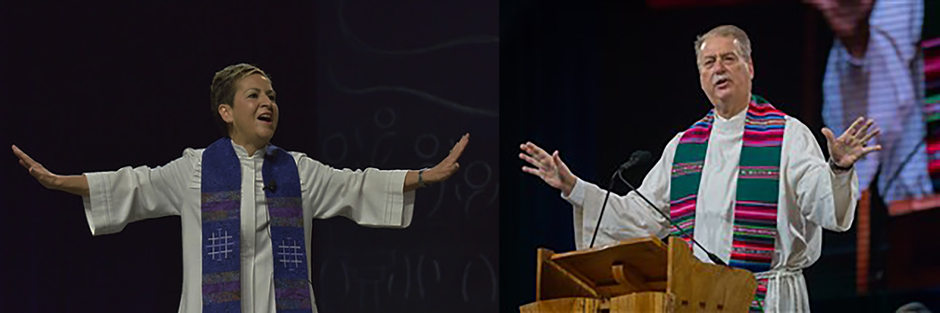 O Bispo Ken Carter, da região da Flórida (à direita), que preside o Concílio de Bispos (COB) desde 2018, presidirá e fará seu discurso final e entregará o martelo no final desta reunião à Assembléia Geral. Bispa Cynthia Fierro Harvey (à esquerda) da área da Louisiana. Fotos da arquivo cortesia de COB e Paul Jeffrey, Noticias MU.