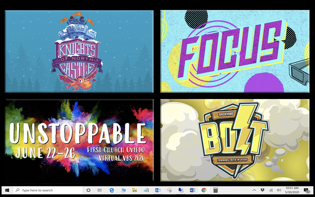 A escola bíblica de férias está se tornando virtual este ano, já que muitas igrejas estão fechadas ou apenas recém abertos por causa do coronavírus. Logotipos do programa on-line da escola bíblica de férias, cortesia de (no sentido horário, começando no canto superior esquerdo) Cokesbury, APEX UMC FAMILY, Primeira Igreja Metodista Unida Oviedo, Go! Currículo do Ministério da Criança; ilustração de Laurens Glass, Notícias MU.