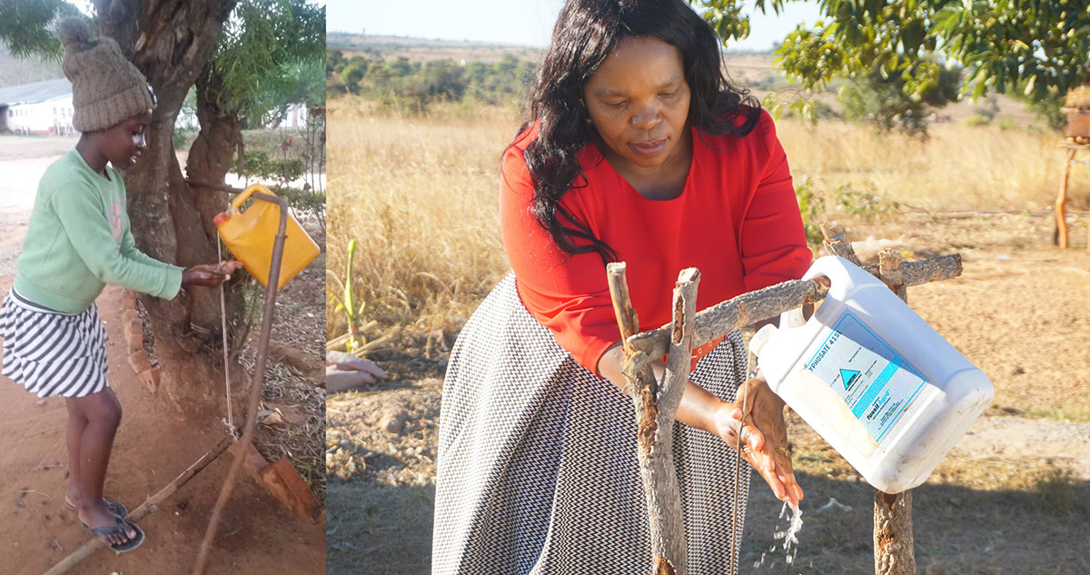 At left, Ruvarashe Hakuna, daughter of the Rev. Sandra Hakuna, pastor-in-charge at Old Mutare Mission United Methodist Church in Mutare, Zimbabwe, washes her hands using a “tippy-tap” foot-pedal device. At right, Rudo Sarah Mazamani, a United Methodist farmer in Headlands, Zimbabwe, uses the hands-free device, which is more hygienic than a traditional water tap. Photos by Kudzai Chingwe, UM News.