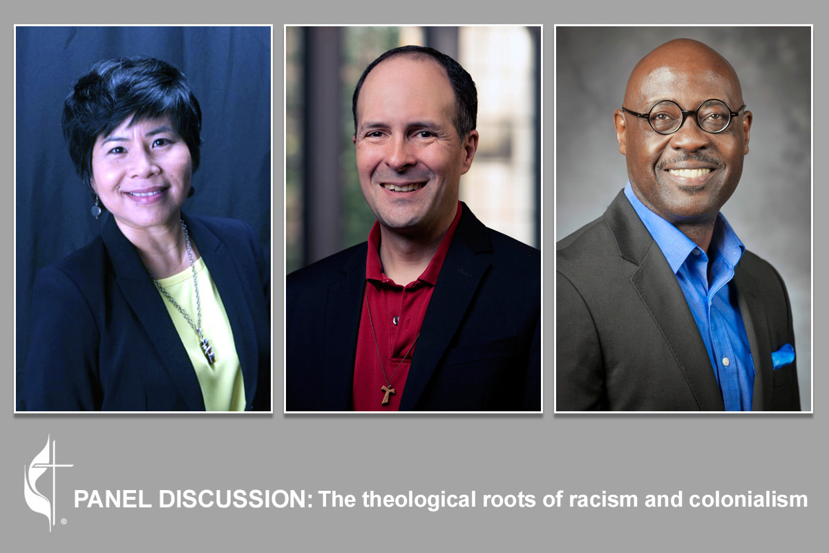 Speakers for the Sept. 16 panel discussion on the theological roots of racism and colonialism are (left to right) the Revs. Mai-Anh Le Tran, Edgardo Colón-Emeric and Willie James Jennings. The United Methodist Church held the livestreamed discussion as part of its Dismantling Racism series. Photos courtesy of Tran, Jennings, and photo of Colón-Emeric by Les Todd; graphic by Laurens Glass, UM News.