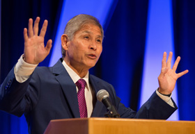 United Methodist Bishop Grant Hagiya welcomes participants to the 2016 Pre-General Conference Briefing in Portland, Ore. File photo by Mike DuBose, UM News.