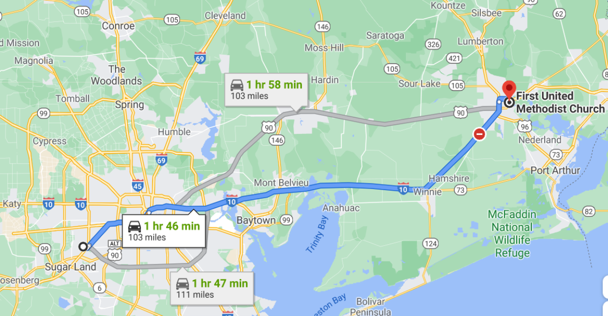 유양진 목사는 매 주일 자신이 거주하는 휴스턴에서 100여 마일 떨어진 버몬트 연합감리교회를 찾아가 섬기고 있다. 사진은 유 목사의 이동구간을 보여주는 구글 지도 갈무리.