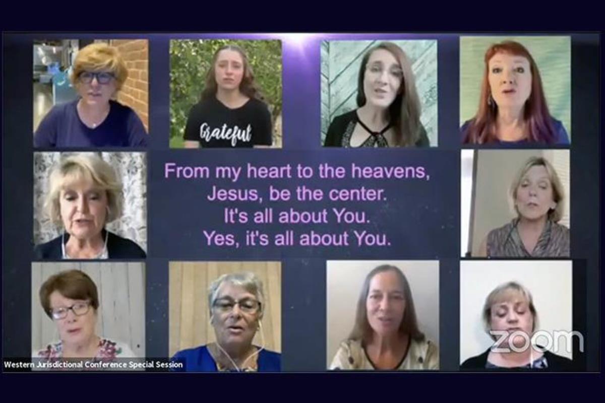 The choir of Red Mountain United Methodist Church in Mesa, Ariz., sings "Jesus at the Center" during opening worship of the online special session of the Western Jurisdiction on July 17. Both the Western Jurisdiction and Southeastern Jurisdiction have held special sessions in recent days and taken up questions that affect the church’s future. Screengrab courtesy of the Western Jurisdiction via Zoom by UM News.