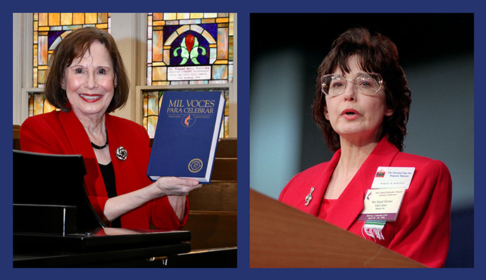 Raquel Martinez, mostrada ao piano na Igreja Metodista Unida La Trinidad em San Antonio em 2021 (à esquerda) e na Conferência Geral de 1996 em Denver, onde liderou os delegados no canto do Mil Voces Para Celebrar. Martinez editou o hinário em espanhol e um painel do vitral à esquerda é dedicado a ela por ter desempenhado aquele papel fundamental. Fotos do Rev. John Feagins (à esquerda) e Mike DuBose, Noticias da MU.