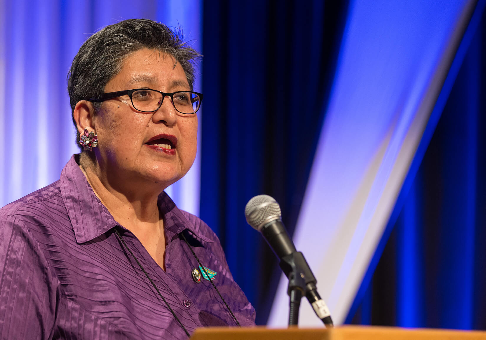 Cynthia Kent, chairperson of the Native American International Caucus, speaks during the Pre-General Conference News Briefing in Portland, Ore., in January.