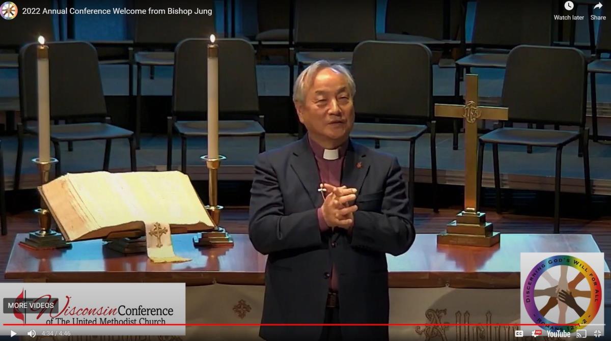 지난 6월 10일부터 13일까지 열린 2022년 위스컨신 연회에서 인사말을 하는 정희수 감독. 사진, 위스컨신 연회 동영상 갈무리.