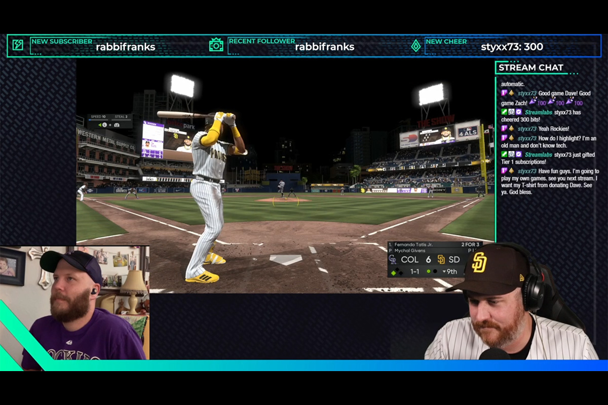 Zach Bechtold (left) and the Rev. David Petty play a game of MLB The Show, streaming it live and engaging people who are viewing it in the chat section. The game is part of Crossfire: Faith + Gaming in Colorado Springs, Colo. Crossfire has grown to about 1,400 members on various platforms including Facebook. Photo courtesy of Crossfire: Faith + Gaming.
