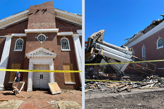Wynne First United Methodist Church, in the east Arkansas town of Wynne, shows the effects of a March 31 tornado that killed four people and caused widespread destruction. Photos by Bishop Laura Merrill.