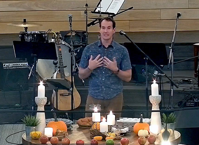 Pastor Jay Cooper speaks during worship Oct. 22 at Violet Crown City Church in Austin, Texas. Cooper, who heads the church, created the entire Sept. 17 service using ChatGPT (which stands for Chat Generative Pre-trained Transformer), a software application that mimics human dialogue using data from a variety of sources including databases, websites and user input. Screengrab courtesy of Violet Crown City Church via Facebook by UM News.