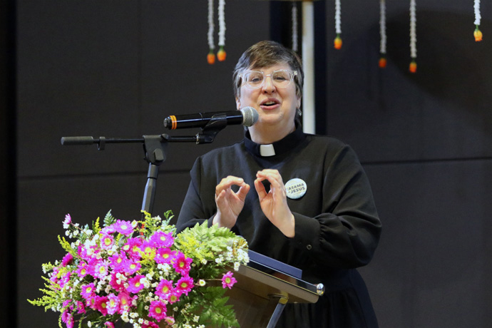 The Rev. Kimberly Orr, publisher of The Upper Room bimonthly magazine, speaks on Oct. 24 at the third Asia Upper Room leadership seminar in Bangkok, Thailand. She challenged participants to reimagine how to move forward in the call to carry the Good News of Jesus in a changing world. Photo by the Rev. Thomas E. Kim, UM News.