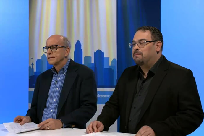 From left, United Methodist News reporter Sam Hodges and the Rev. Giovanni Arroyo, top executive of the United Methodist Commission on Religion and Race, discuss the United Methodist social witness during a pre-General Conference delegate briefing. Screengrab courtesy of United Methodist Communications via Zoom by UM News.