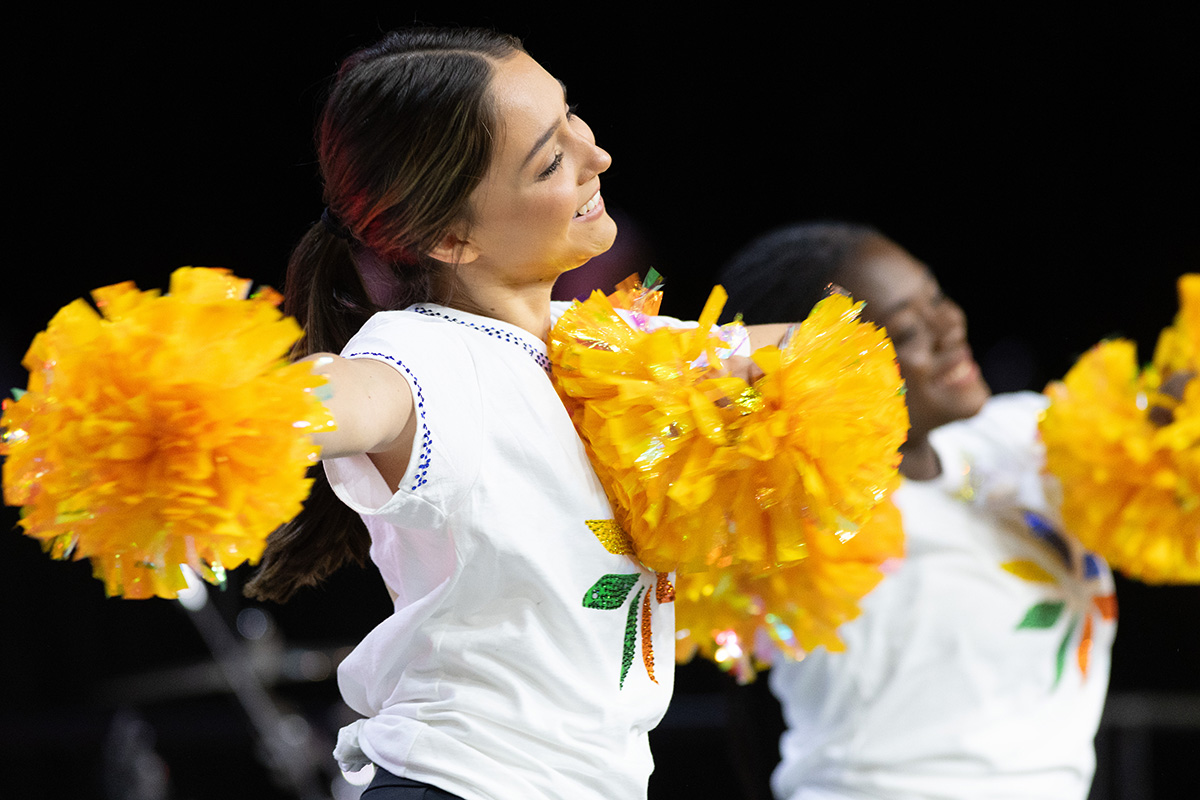 Dancers Annika Schneider (left) and Briana Hanson from United Methodist-related Pfeiffer University help introduce a report from United Women in Faith on April 29 during the United Methodist General Conference in Charlotte, N.C. Photo by Mike DuBose, UM News.