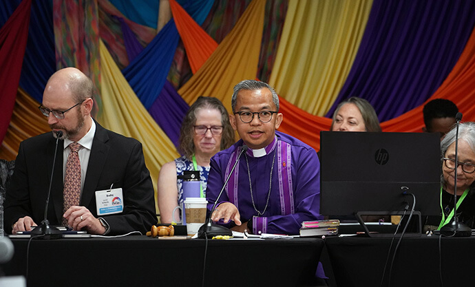 Bishop Carlo A. Rapanut, who leads the Desert Southwest Conference, speaks July 12 during the 2024 Western Jurisdictional Conference in Spokane, Washington. Starting Sept. 1, Rapanut will also lead the New Mexico Conference in the neighboring South Central Jurisdiction. Photo by Patrick Scriven, Pacific Northwest Conference, courtesy of the Western Jurisdiction.