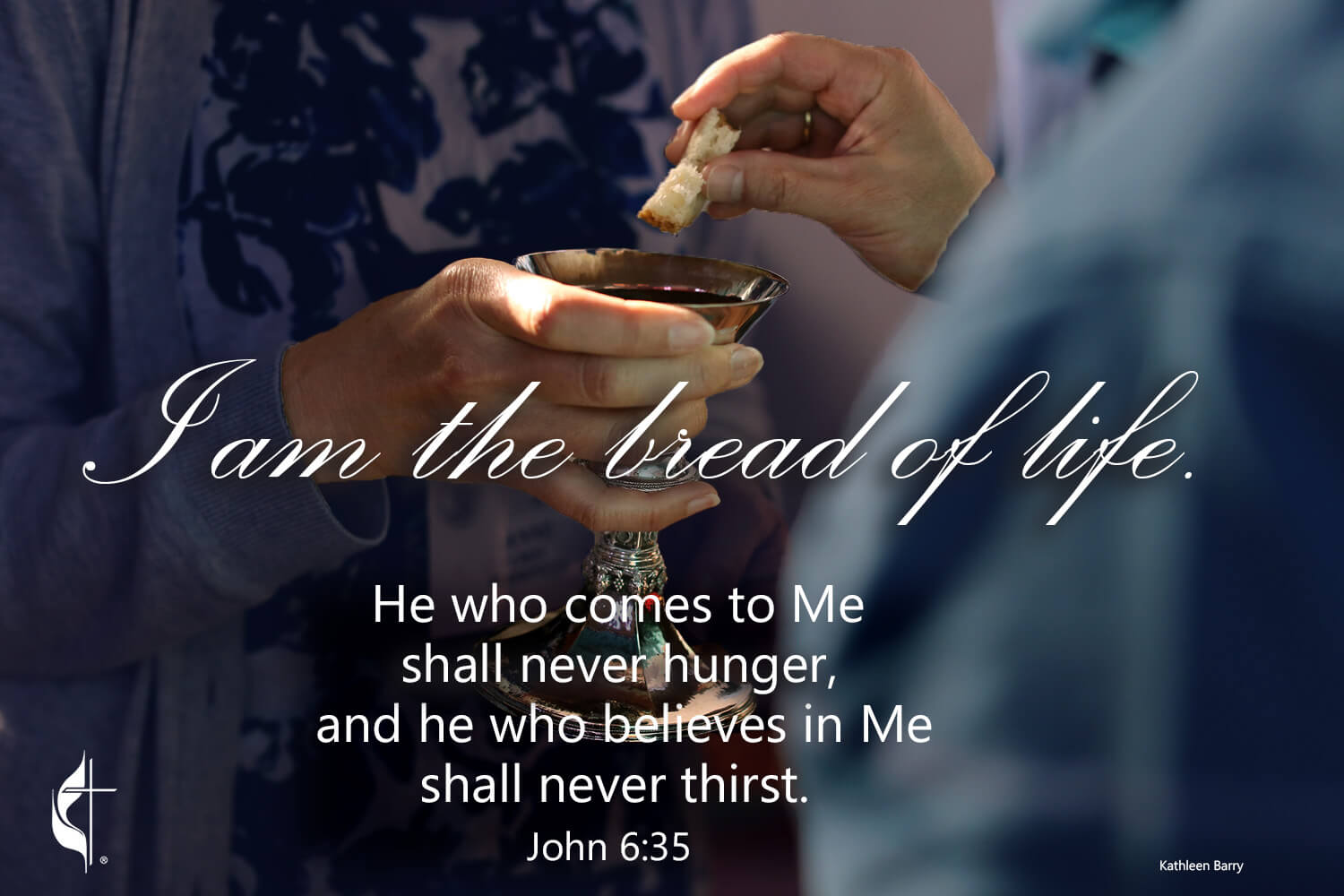 John 6:35. Photo by Kathleen Barry; meme by Laurens Glass, UM News.