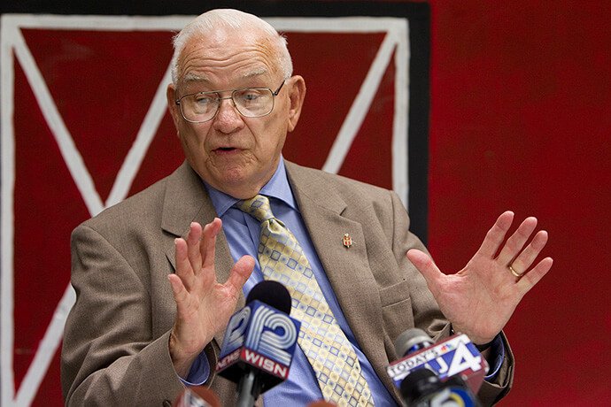 Bishop Clay Foster Lee Jr. speaks to reporters at a press conference during the Rev. Amy DeLong's United Methodist Church trial on June 23, 2011, at Peace United Methodist Church in Kaukauna, Wis. Lee served as presiding officer for the trial. Photo by Mike DuBose, UM News.