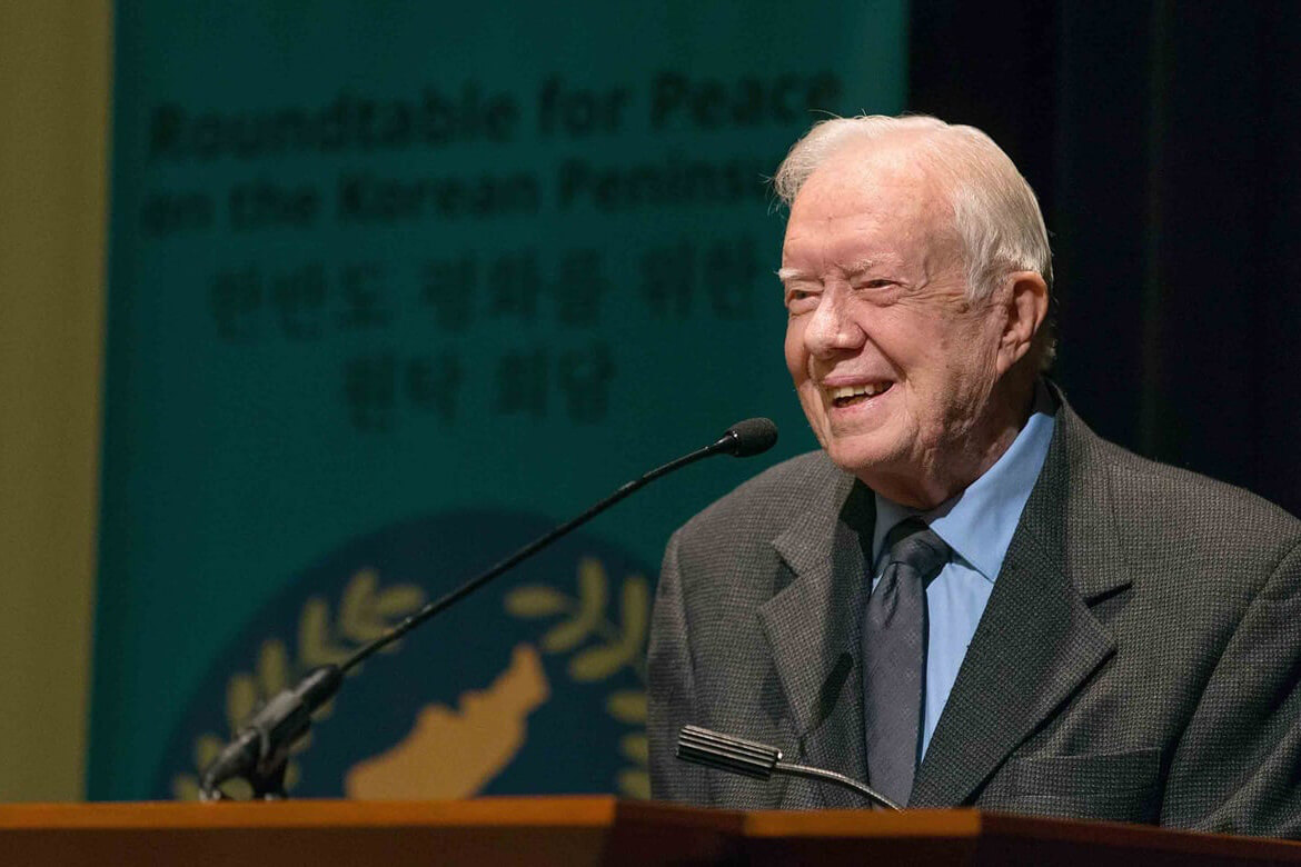 Former President Jimmy Carter welcomes delegates to the Roundtable for Peace on the Korean Peninsula at The Carter Center in Atlanta in 2018. The event was hosted by the United Methodist Board of Global Ministries. Carter died Dec. 29 at his home in Plains, Georgia. He was 100. Photo by Mike DuBose, UM News.