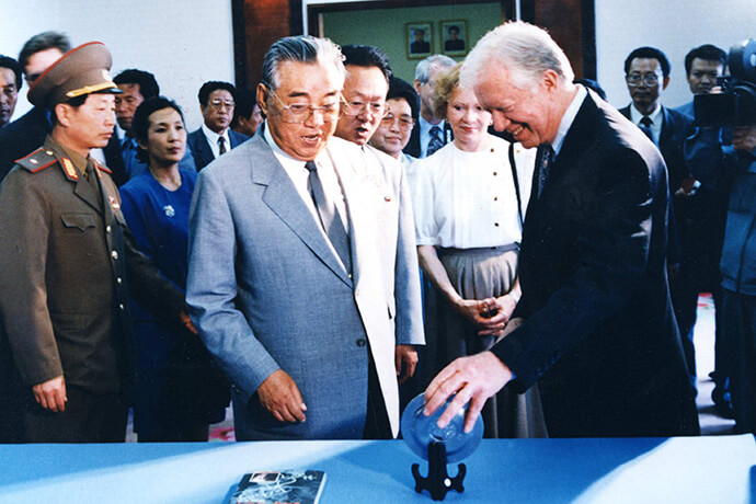 Jimmy Carter meets with then-North Korea President Kim Il-Sung in Pyongyang in 1994 for talks that resulted in an eight-year freeze of the country’s nuclear weapons program. Photo courtesy of The Carter Center.