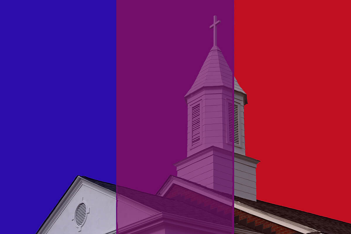 United Methodists in North Carolina and beyond say it’s important for Christians with opposing political views to seek common ground. That’s the idea behind the Western North Carolina Conference’s Purple Church Initiative, which aims to foster dialogue between conservative and progressive church members. Church image by Steven Kyle Adair; graphic by Laurens Glass, UM News.