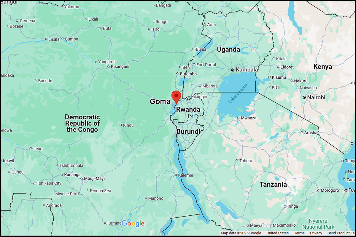 At least 100 people, including eight United Methodists, have been killed in fighting in Goma, Congo, between the Congolese armed forces and the Rwandan-backed M23 rebels. The security situation has continued to deteriorate since the M23’s major offensive on Jan. 23. Image courtesy of Google Maps.
