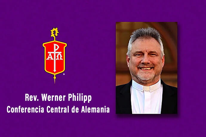 El Rev. Werner Philipp ha sido elegido obispo metodista unido por los/as delegados/as a la Conferencia Central de Alemania. Foto cortesía de Klaus Ulrich Ruof; gráfico de Noticias MU.