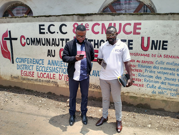Jimmy Kasongo (left), president of Jeunesse Pour Christ of Kivu, and Moise Mwango, coordinator of the group, meet to send a message to young people to postpone the celebration of Kivu Youth Day given the current insecurity in the region. Photo by Philippe Kituka Lolonga, UM News.