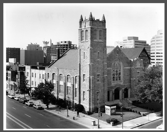 A view of Asbury United Methodist Church in Washington in 1986, from the north and east elevations looking southwest. Photo by Gary Griffith, courtesy of DC Historic Sites (historicsites.dcpreservation.org).