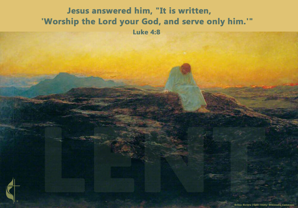 Briton Rivière (1840–1920)/ Wikimedia Commons. Luke 4:8. Graphic by Laurens Glass, UM News.