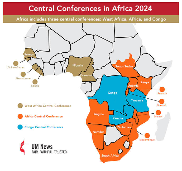 Map of United Methodist central conference borders in Africa last year. Graphic by Ben Ward, UM News. 