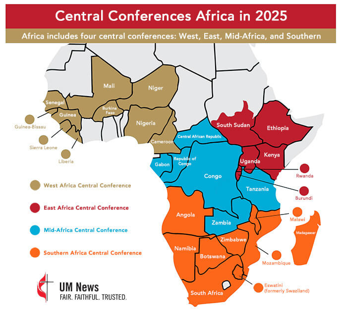 Map of United Methodist central conference borders in Africa as of this month. Graphic by Ben Ward, UM News. 