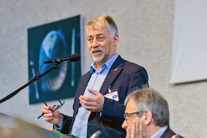 Bishop Stefan Zürcher address those gathered at the Central and Southern Europe Central Conference. The central conference, where many come from countries dealing with war and internal strife, used its meeting to focus on becoming shalom-bearers. Photo by the Rev. Sigmar Friedrich, Central and Southern Europe Central Conference.