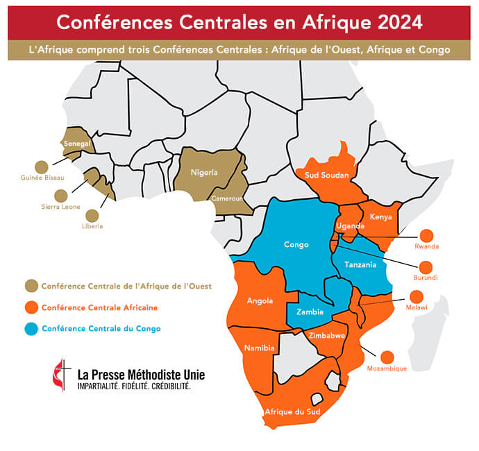 Carte des frontières des Conférences Centrales Méthodistes Unies en Afrique l'année dernière. Graphique de Ben Ward, UM News.