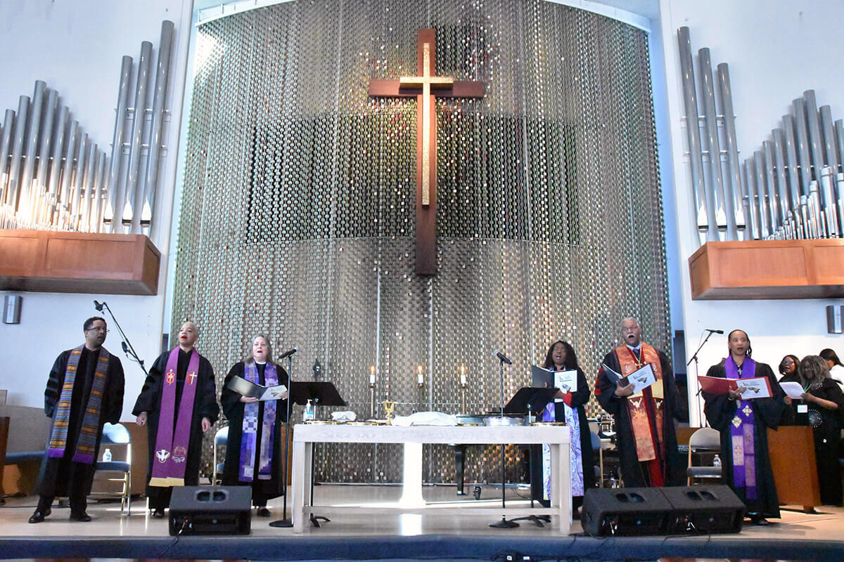 Six bishops lead the opening worship and communion service at Black Methodists for Church Renewal’s 58th General Meeting at Holman United Methodist Church in Los Angeles on March 19. From left are Bishops Cedrick Bridgeforth, Tracy S. Malone, Dottie Escobedo-Frank, Cynthia Moore-Koikoi, Julius C. Trimble and Kennetha J. Bigham-Tsai. The three-day meeting included an Ebony Bishops panel discussion on “The State of the Church,” reports on the Black College Fund and Africa University and information on the revised Social Principles and social entrepreneurship. Photo by John W. Coleman, UM News. 
