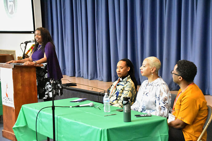 United Methodist episcopal leaders share their observations and hopes about the state of the church during BMCR’s annual Ebony Bishops panel discussion at Holman United Methodist Church. From left are Bishops Cynthia Moore-Koikoi, who moderated the discussion, Kennetha J. Bigham-Tsai, Tracy S. Malone and Cedrick Bridgeforth. Photo by John W. Coleman, UM News.