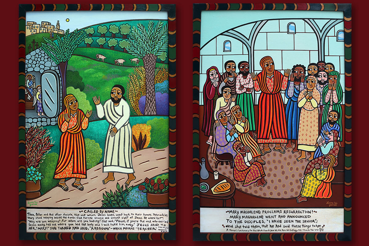 “Called by Name,” at left, is by contemporary American artist Laura James. At right is “Mary Magdalene Proclaims Resurrection!” also by James. A commission to paint images of Mary Magdalene from Scripture led James to rethink her assumptions about the witness to Christ’s resurrection. United Methodists say Mary Magdalene’s role as apostle offers lessons for today when women’s roles remains highly contested. Images courtesy of Laura James. Used with permission. 