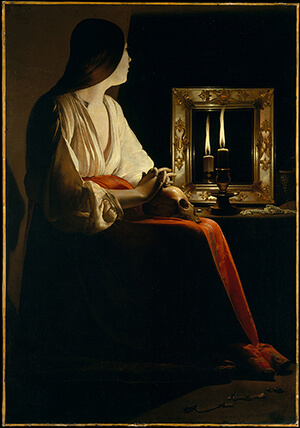 “Magdalene with Two Flames” or “The Penitent Magdalene” (c. 1638–1643) by French painter Georges de La Tour (1593–1652). Image courtesy of Wikimedia Commons. Click here to enlarge.