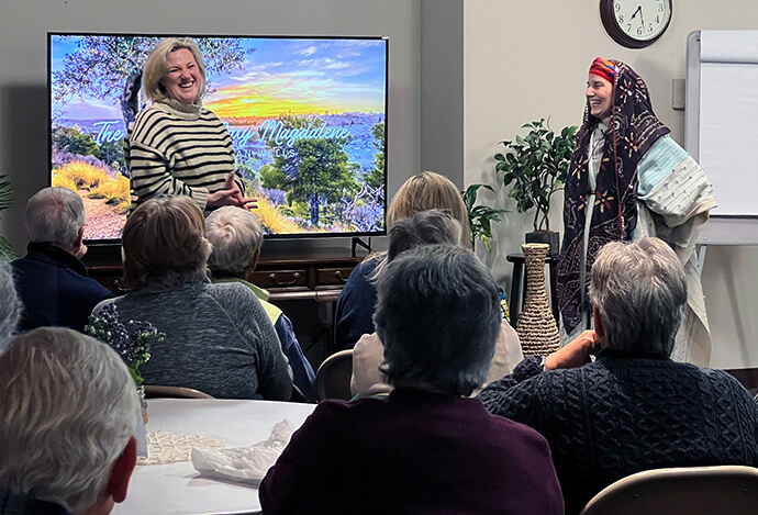 Carey Williams Bebar (left) stands with Megan Wells, a storyteller who portrays Mary Magdalene, during a presentation April 9 at Gary United Methodist Church in Wheaton, Ill. Williams Bebar is the church’s director of Christian education. Photo courtesy of Gary United Methodist Church.
