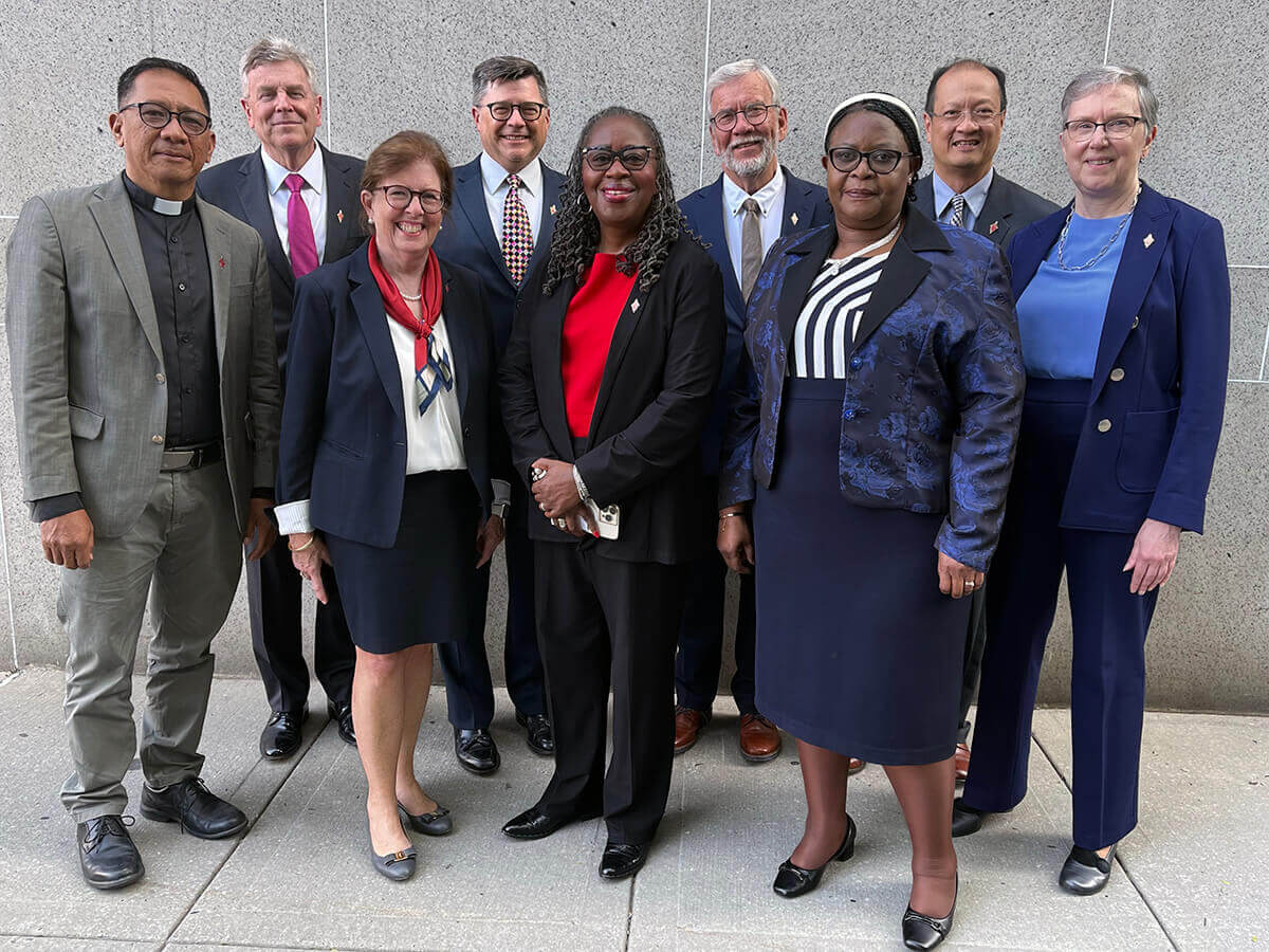 Members of the 2024-2028 Judicial Council are (front row, from left) the Rev. Jonathan Ulanday; the Rev. Susan Henry-Crowe, president; the Rev. Angela Brown, secretary; and Molly Hlekani Mwayera; (back row, from left) Bill Waddell; Andrew Vorbrich; the Rev. Øyvind Helliesen; the Rev. Luan-Vu Tran; and Harriett Olson. The Judicial Council released decisions from its spring docket on April 29. Photo by Linda Bloom, UM News.