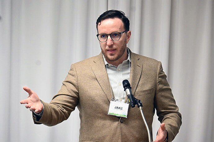 Jake Barnett, managing director of sustainable investment strategies for Wespath Benefits and Investments, speaks March 27 at the California-Nevada Summit on Fossil Fuel Divestment in West Sacramento, Calif. Barnett said Wespath’s Social Values Choice Equity Fund is earning good returns while staying out of fossil fuel stocks. Photo by Jim Patterson, UM News.