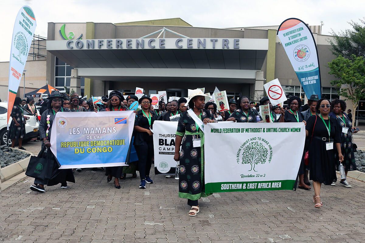 Hundreds of members of the World Federation of Methodist and Uniting Church Women march in Gaborone, Botswana, wearing black in solidarity with victims and survivors of gender-based violence. The issue dominated conversations at the group’s Southern and East Africa seminar held April 3-6 in the country’s capital. Photo by Eveline Chikwanah, UM News.