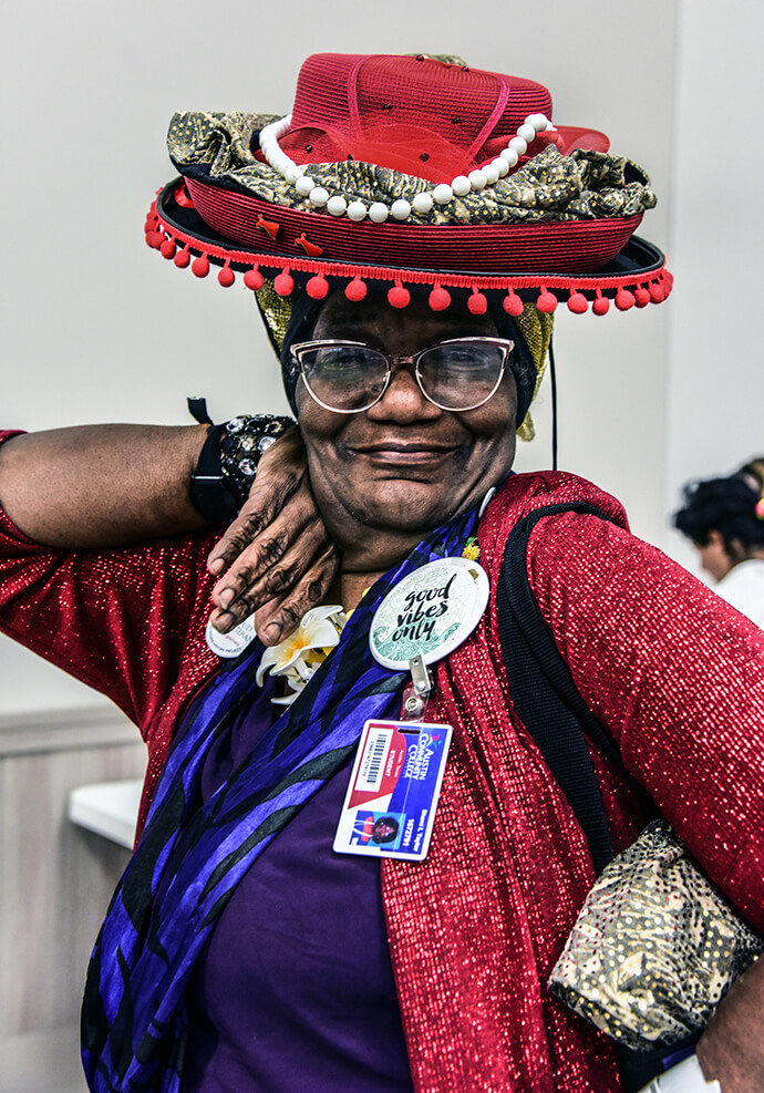 Sherri, known for her flamboyant fashion style, poses March 28 at First United Methodist Church in Austin, Texas, while enjoying the camaraderie of the church’s weekly spa day event. The ministry provides unhoused women with food, showers and free clothing. Photo by Andrea Turner, UM News